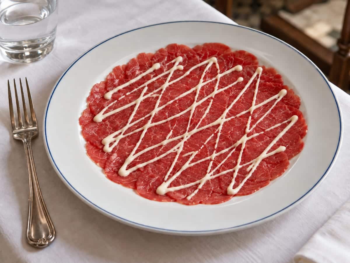 Carpaccio de bœuf servi en fines tranches dans une ambiance vénitienne