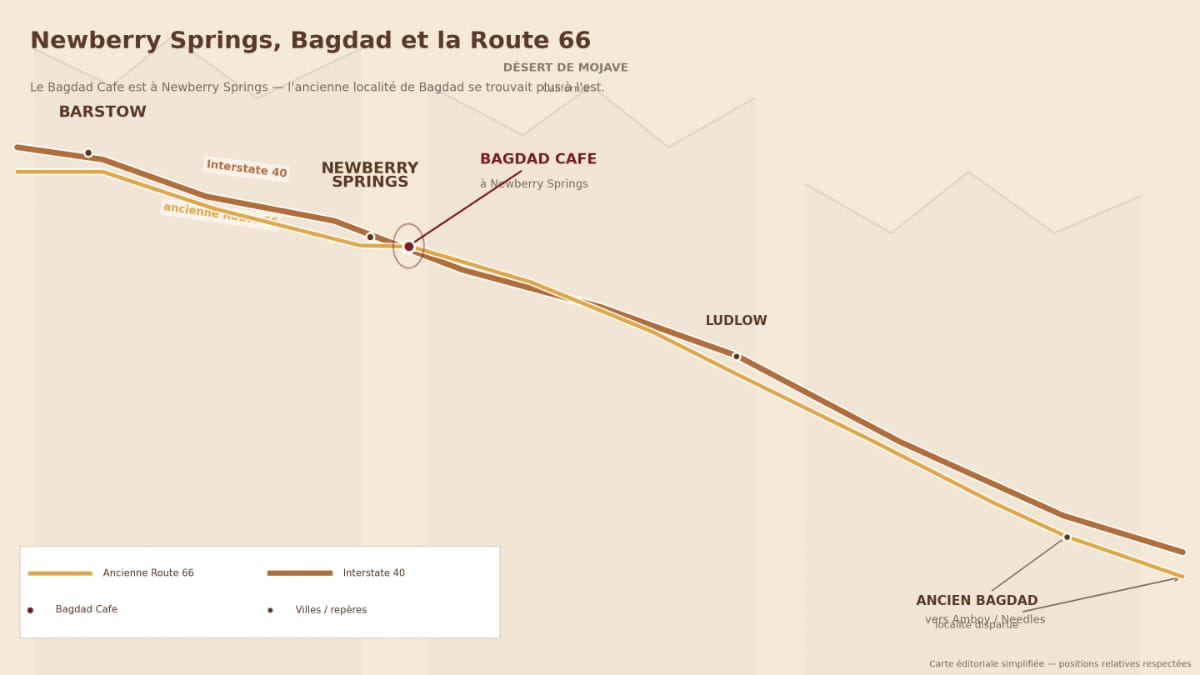 Carte situant le Bagdad Cafe à Newberry Springs entre Barstow et l’ancienne localité de Bagdad sur la Route 66