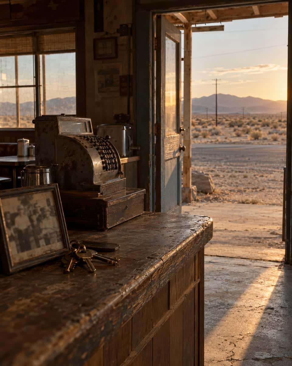 Ancienne caisse enregistreuse sur le comptoir du Bagdad Cafe face à la porte ouverte sur le désert de Mojave
