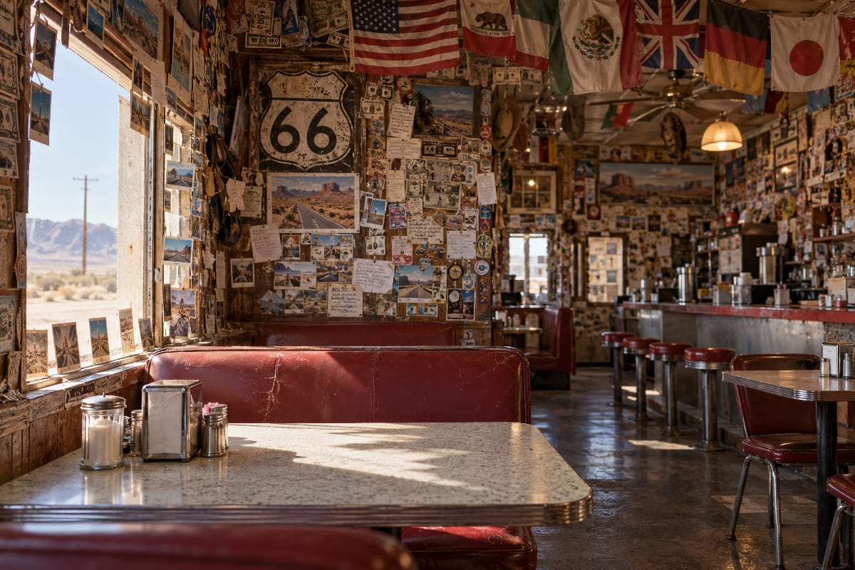 Banquette rouge et comptoir du Bagdad Cafe sous des drapeaux, photographies et messages de voyageurs